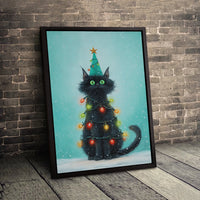 Holiday Cat in Lights Print, Black Cat Christmas Tree Wall Art Digital Download, Whimsical Christmas Cat Poster, Festive Animal Wall Art