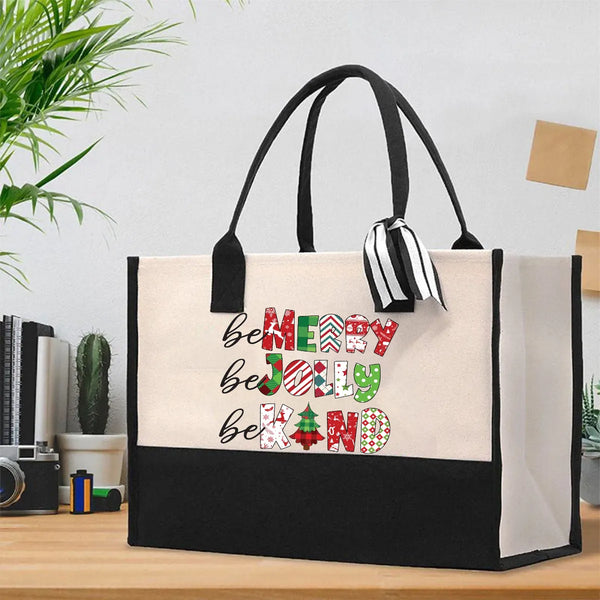 Retro Holiday Christmas Tote Bag, Be Merry Be Jolly Be Kind Cotton Tote Bag, Festive Winter Slogan Shopper, Daily Canvas Shou