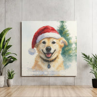 Santa Hat Dog Canvas Print, Golden Retriever Christmas Canvas, Watercolor Winter Dog Canvas Wall Art, Holiday Pet Lover Room Decor