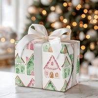 Watercolor Village Gift Wrap, Pink and Green Gingerbread House Wrapping Paper, Whimsical Christmas Wrapping Paper, Adorable Holiday Present Paper