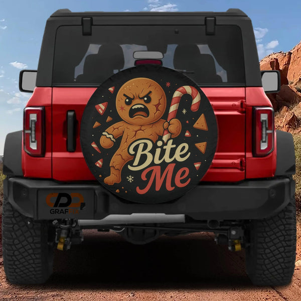 Bite Me Christmas Wheel Cover with Camera Hole, Angry Gingerbread Man Spare Tire Cover, Humorous Holiday Tire Cover, Jeep Bro