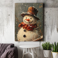 Rustic Winter Landscape Print, Snowman Oil Painting Canvas Wall Art, Christmas Holiday Wall Decor, Printable Digital Download