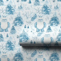 Adorable Abominable Snowman Gift Wrap Roll, Yeti Christmas Wrapping Paper, Blue Winter Forest Present Paper, Whimsical Holiday Gift Wrapping