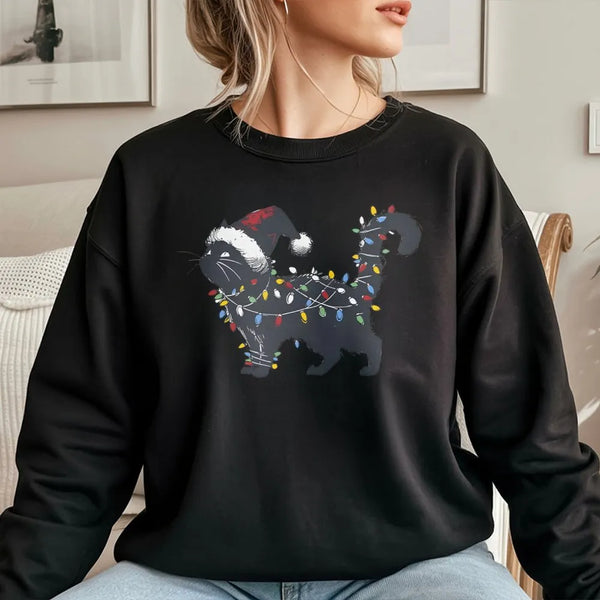 Santa Hat Cat with String Lights Crewneck, Black Cat Christmas Sweatshirt, Retro Holiday Cat Pullover, Humorous Cat Lover Xma