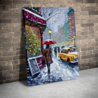 Snowy NYC Taxi Street Scene Canvas Print, New York City Christmas Canvas Wall Art, Holiday City Wall Decor, Winter NYC Canvas Wall Art Print