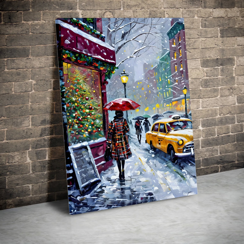 Snowy NYC Taxi Street Scene Canvas Print, New York City Christmas Canvas Wall Art, Holiday City Wall Decor, Winter NYC Canvas Wall Art Print