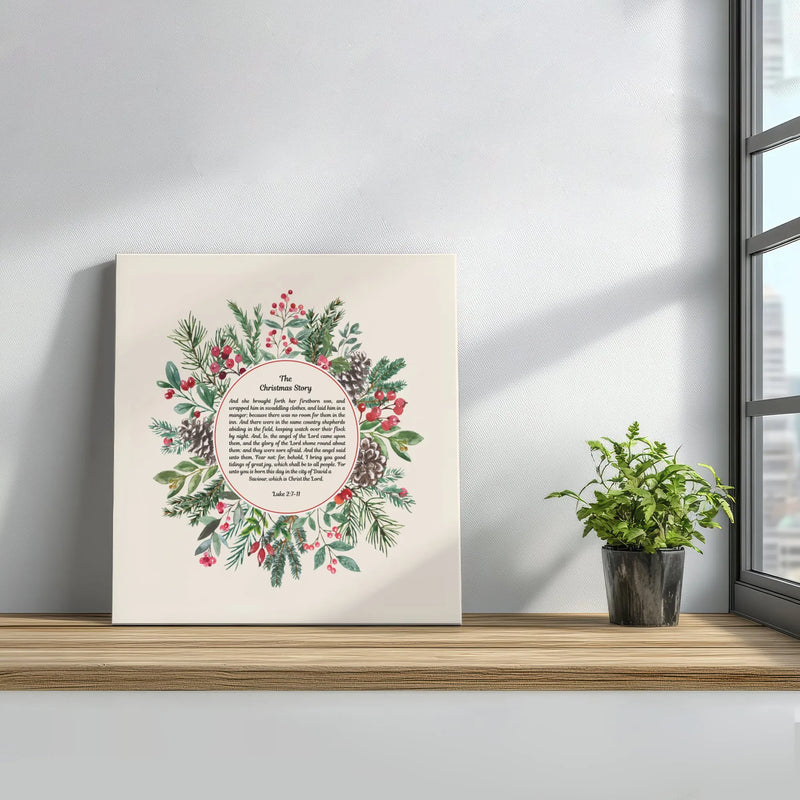 Luke 2 Holly Berry Wreath Canvas Print, Christmas Story Bible Verse Canvas, Watercolor Scripture Canvas Wall Art, Christian Xmas Decor