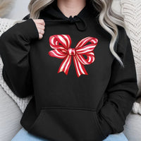 Red Striped Ribbon Sweatshirt, Christmas Bow Hoodie, Adorable Holiday Bow Hooded Pullover, Festive Christmas Graphic Hoodie, Xmas Present