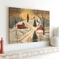 Folk Art Snowy Church Canvas, Winter Christmas Village Canvas Wall Art, Christmas Village Canvas Print, Festive Holiday Wall Art Decor