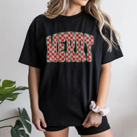 Checkered Red Font Holiday Tee, Retro Merry Christmas T-Shirt, Vintage Christmas Vibes Shirt, Adorable Comfy Winter Vacation Graphic T-Shirt