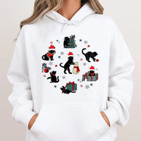 Festive Santa Hat Cat Hoodie, Christmas Black Cat Hoodie, Adorable Kitten Holiday Hoodie, Retro Spooky Xmas Sweatshirt, Present for Cat Lovers