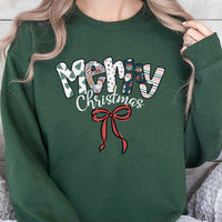 Festive Pattern Bow Sweatshirt, Merry Christmas Sweatshirt, Holiday Red Bow Crewneck, Adorable Xmas Graphic Sweatshirt, Winter Holiday Present