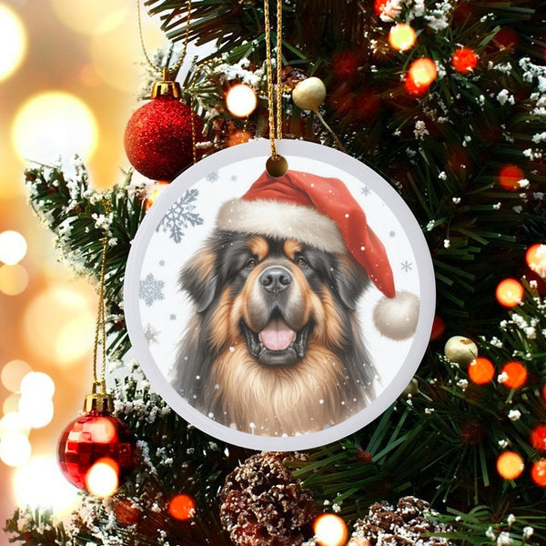 Santa Hat Dog Ornament, Tibetan Mastiff Christmas Ornament, Adorable Puppy Ceramic Ornament, Pet Lover Holiday Tree Decoratio