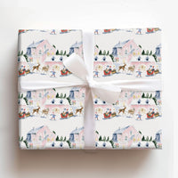 Watercolor Santa Sleigh Gift Wrap, Snowy Village Christmas Wrapping Paper, Whimsical Winter Village Wrapping Paper, Holiday Gift Wrap