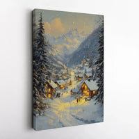 Comfy Winter Cabin Evening Oil Painting Print, Snowy Mountain Village Canvas Wall Art, Alpine Village Christmas Poster, Digital Download