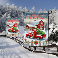 Vintage Winter Barn Yard Banner, Merry Christmas Red Truck Garden Flag, Double Sided Holiday Flag, Rustic Farmhouse Lawn Decor