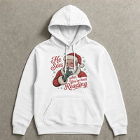 Humorous Bookworm Santa Hooded Sweatshirt, He Sees What You've Been Reading Hoodie, Christmas Book Lover Hoodie, Holiday Reader Graphic Sweater