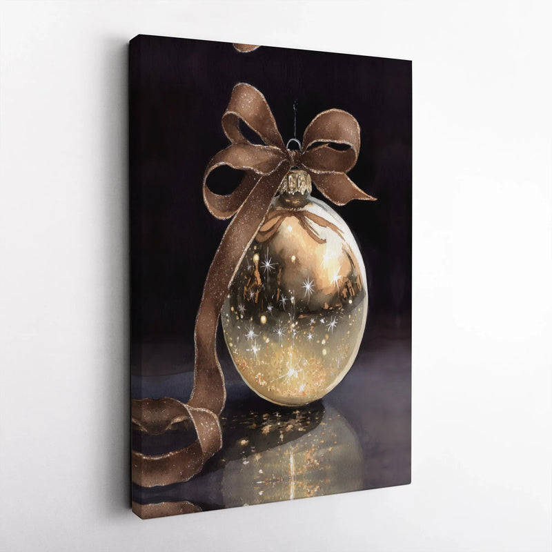Glitter Ribbon Holiday Canvas Wall Art, Gold Christmas Ornament Canvas Print, Festive Winter Canvas Decor, Christmas Seasonal Art Present