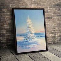 Snowy Beach Christmas Canvas Print, Coastal Christmas Tree Canvas Art, Impressionist Winter Wall Art, Coastal Holiday Beach Canvas Decor