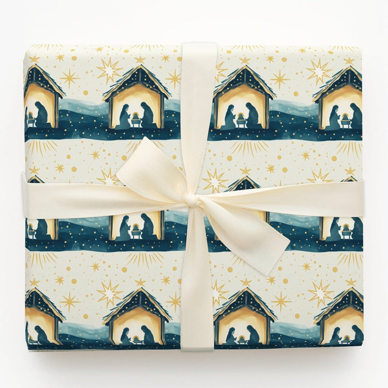 Holy Family Manger Gift Wrap, Nativity Scene Christmas Wrapping Paper, Starry Night Religious Holiday Wrapping Paper, Christian Gift Wrap