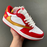 Low Top Sneakers, White Red Gold Colorway, Reverse Hook Design, Lace Up Design, Casual Gift for Sneaker Fans