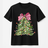Adorable Holiday Tree T-Shirt, Pink Bow Christmas Tree T-Shirt, Festive Pink Bow Christmas Shirt, Retro Xmas Graphic Tee, Seasonal Holiday Present