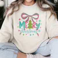 Pastel Pink Tree Holiday Crewneck, Coquette Christmas Tree Bow Sweatshirt, Preppy Coquette Xmas Sweater, Adorable Winter Holiday Pullover