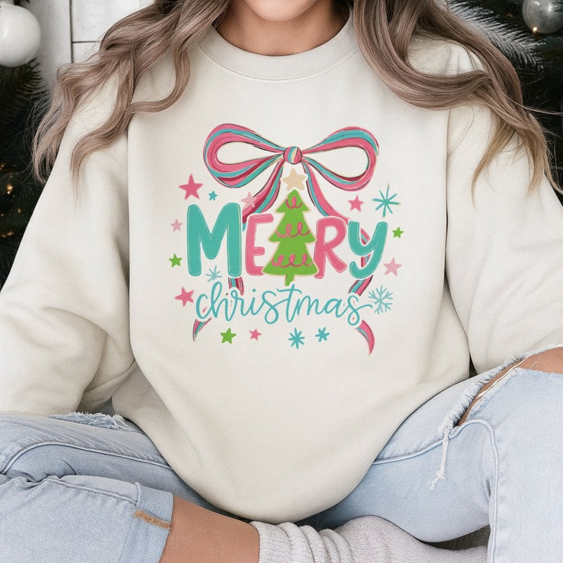 Pastel Pink Tree Holiday Crewneck, Coquette Christmas Tree Bow Sweatshirt, Preppy Coquette Xmas Sweater, Adorable Winter Holiday Pullover
