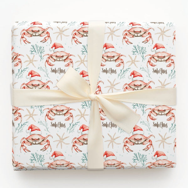 Coastal Crab Christmas Gift Wrap, Santa Claws Crab Wrapping Paper, Nautical Watercolor Crab Wrapping Paper, Beach Holiday Cra