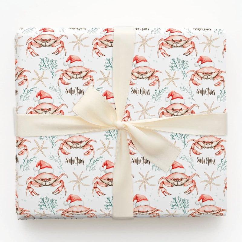 Coastal Crab Christmas Gift Wrap, Santa Claws Crab Wrapping Paper, Nautical Watercolor Crab Wrapping Paper, Beach Holiday Crab Gift Wrap