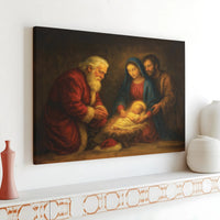 Religious Nativity Scene Canvas Wall Art, Santa Kneeling at Manger Canvas Print, Christian Santa Christmas Canvas Decor, Holy Family Present