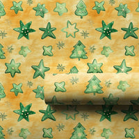 Golden Stars Holiday Gift Wrap, Watercolor Green Tree Christmas Wrapping Paper, Festive Forest Winter Wrapping Paper, Xmas Gift Wrap Roll