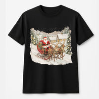 Retro Santa Reindeer T-Shirt, Vintage Santa Sleigh T-Shirt, Nostalgic Santa Christmas Tee, Classic Holiday Graphic T-Shirt, Xmas Fan Present