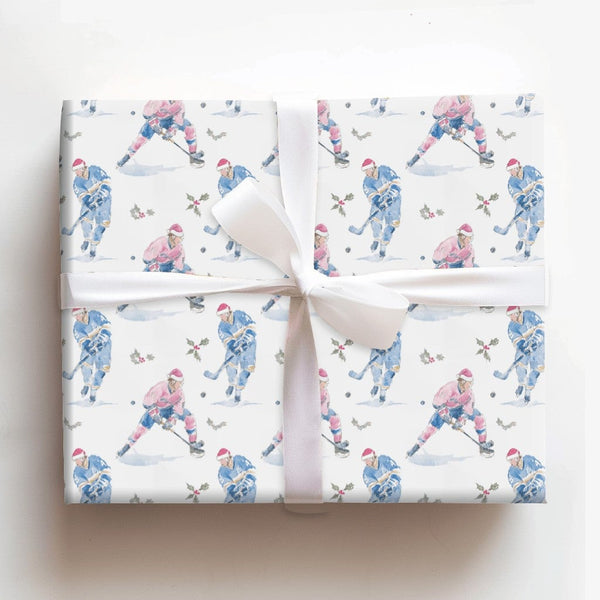 Watercolor Sports Christmas Gift Wrap, Hockey Player Santa Hat Wrapping Paper, Ice Hockey Wrapping Paper Roll, Festive Sports
