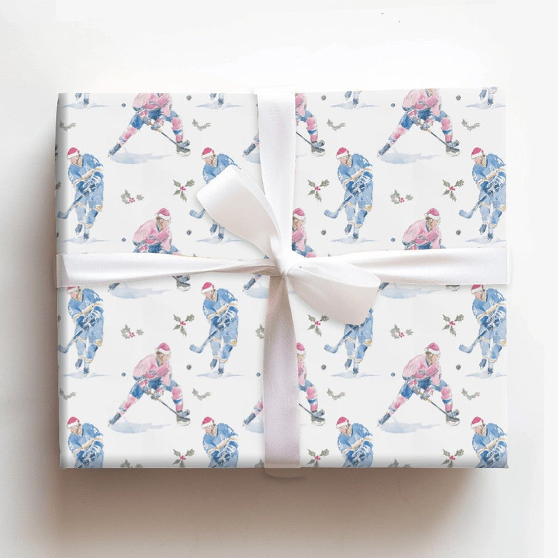 Watercolor Sports Christmas Gift Wrap, Hockey Player Santa Hat Wrapping Paper, Ice Hockey Wrapping Paper Roll, Festive Sports Present Wrap