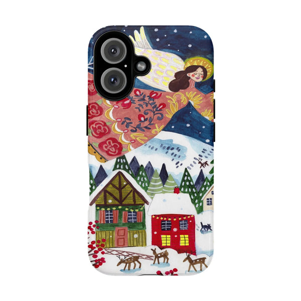 Christmas Phone Case, Folk Art Winter Village Angel Phone Case, Holiday Angel Tough Phone Case, Winter Village Aesthetic Phon