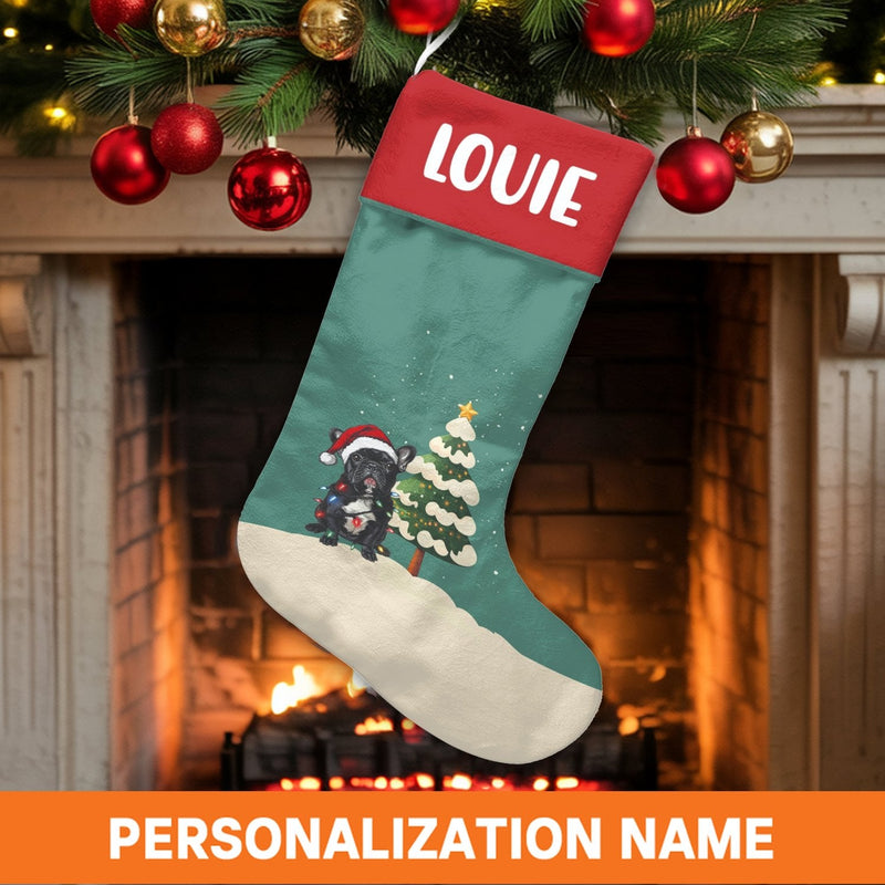 Frenchie with Santa Hat Holiday Stocking, French Bulldog Christmas Stocking, Personalized Dog Christmas Stocking, Adorable Pet Lover Xmas Decor