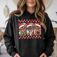 Festive Deer Graphic Hoodie, Christmas Reindeer Hoodie, Adorable Holiday Animal Pullover, Winter Xmas Hooded Sweatshirt, Comfy Holiday Present