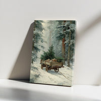 Snowy Forest Winter Scene Canvas, Vintage Christmas Tree Cart Canvas Print, Rustic Holiday Wall Art Canvas, Farmhouse Christmas Canvas Art