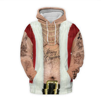 Hairy Chest Gold Chain Hoodie, Tattooed Santa 3D Hoodie, Humorous Ugly Christmas Sweater Hoodie, Bad Santa Graphic Pullover, Xmas Gag Present
