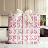 Adorable Holiday Gift Wrap, Pink Stocking Christmas Wrapping Paper, Watercolor Xmas Wrapping Paper, Baby's First Christmas Gift Wrapping Paper