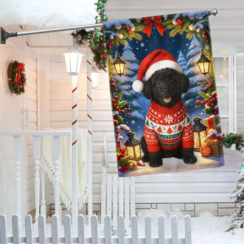 Santa Hat Sweater Dog Yard Flag, Black Poodle Christmas Garden Flag, Holiday Winter Lawn Banner, Adorable Pet Lover Outdoor Xmas Decor
