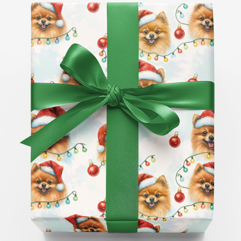 Santa Dog Gift Wrap, Pomeranian Christmas Wrapping Paper, Adorable Watercolor Pom Present Wrap, Holiday Pet Lover Present Packaging Paper Roll