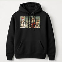 Retro Santa Snowman Tree Sweatshirt, Vintage Christmas Hoodie, Comfy Holiday Hooded Pullover, Xmas Graphic Pocket Hoodie Winter Present