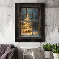Winter Night Landscape Poster, Snowy Christmas Tree Window Canvas Art, Comfy Holiday Wall Decor, Digital Download Print