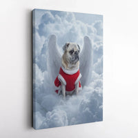 Pug with Wings on Clouds Canvas Print, Angel Pug Christmas Canvas Wall Art, Holiday Dog Canvas Painting, Festive Pet Lover Present