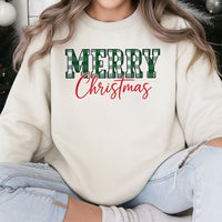 Green Buffalo Plaid Typography Sweater, Merry Christmas Sweatshirt, Festive Holiday Crewneck, Winter Plaid Pullover, Xmas Present Sweatshirt