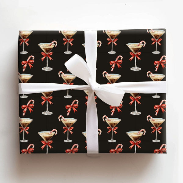 Candy Cane Cocktail Gift Wrap, Espresso Martini Christmas Wrapping Paper, Black Holiday Cocktail Wrapping Paper, Festive Part