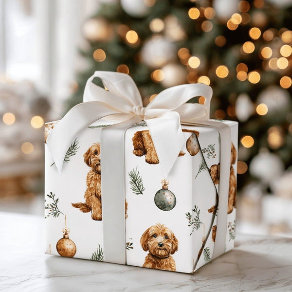 Adorable Dog Holiday Gift Wrap, Cavapoo Christmas Wrapping Paper, Watercolor Puppy Present Wrap, Dog Lover Christmas Present 