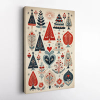 Folk Art Winter Forest Wall Art, Scandinavian Christmas Tree Canvas, Nordic Holiday Tree Print, Retro Christmas Tree Canvas Art